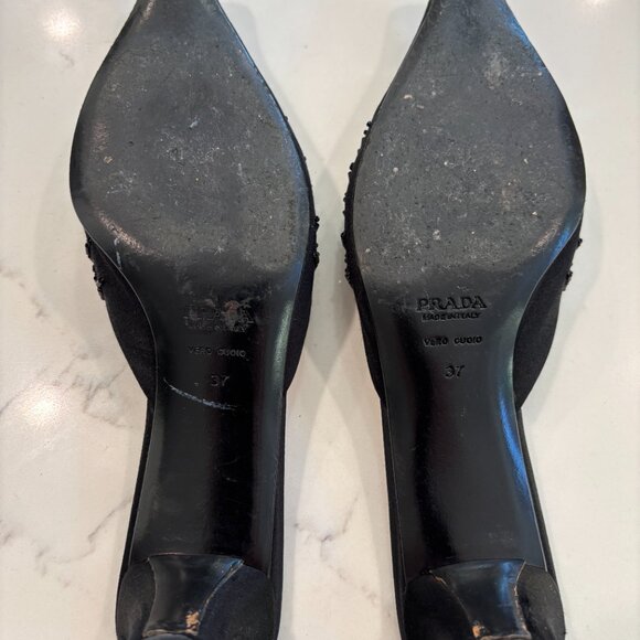 Prada Vintage Beaded Bow Satin Mule Heels Size 37 - Picture 2 of 10